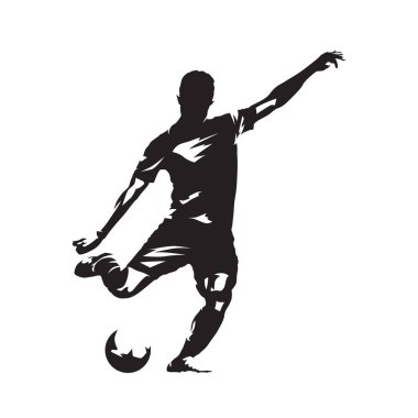 Topu, izole vektör slhouette tekmeleme futbolcu. Topu ile çalışan Fooballer. Futbol, takım sporu