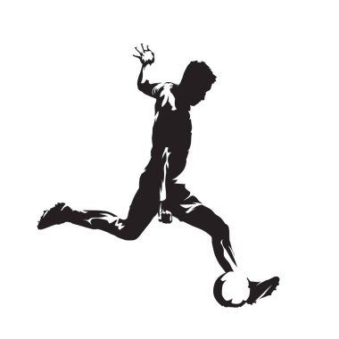 Topu, izole vektör slhouette tekmeleme futbolcu. Topu ile çalışan Fooballer. Futbol, takım sporu