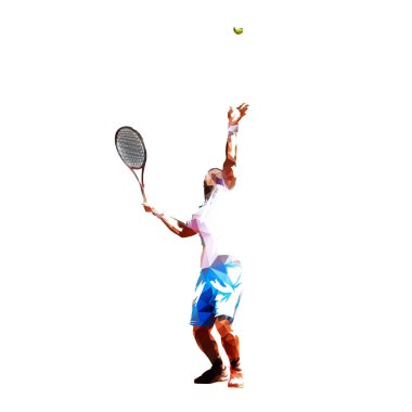 Tenis oyuncu servis topu, düşük poli vektör çizim. Isolat