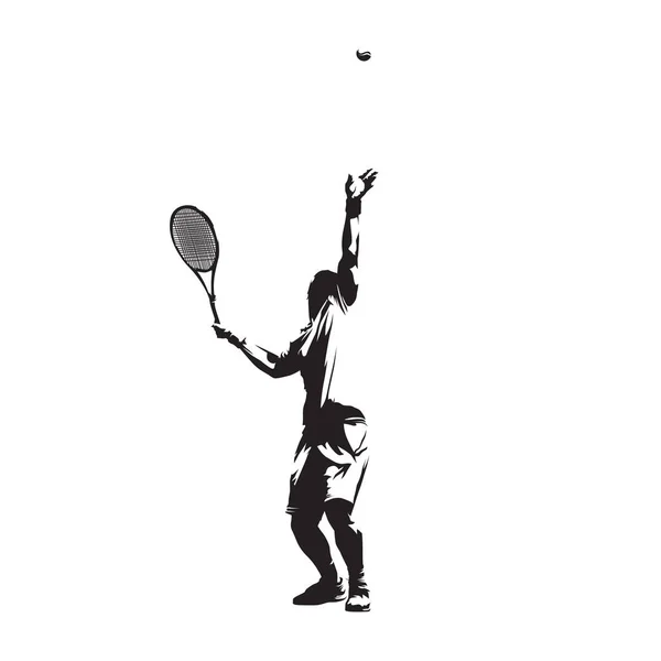 Jugador Tenis Sirviendo Pelota Silueta Vectorial Aislada Dibujo Tinta Deporte — Archivo Imágenes Vectoriales