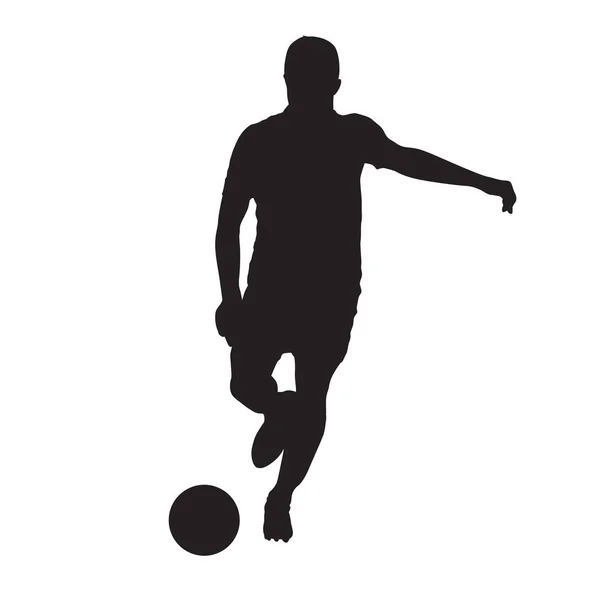 Fußballer Der Ball Kickt Frontansicht Isolierte Vektorsilhouette — Stockvektor