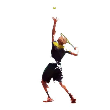 Tenis oyuncu servis topu, düşük poli vektör çizim. İzole vektör geometrik çizim