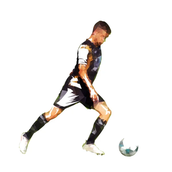 Fußballer Der Ball Kickt Abstrakte Polygonale Vektorzeichnung Fußballspieler Isolierte Silhouette — Stockvektor