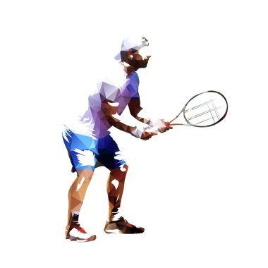 Tenisçi izole vektör Çokgen çizim, tenis alma. Düşük poli geometrik atlet. Aktif insanlar