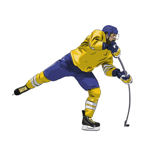 进攻冰球运动员射击冰球 孤立的向量例证 冬季团队运动 黄色球衣 — 图库矢量图片