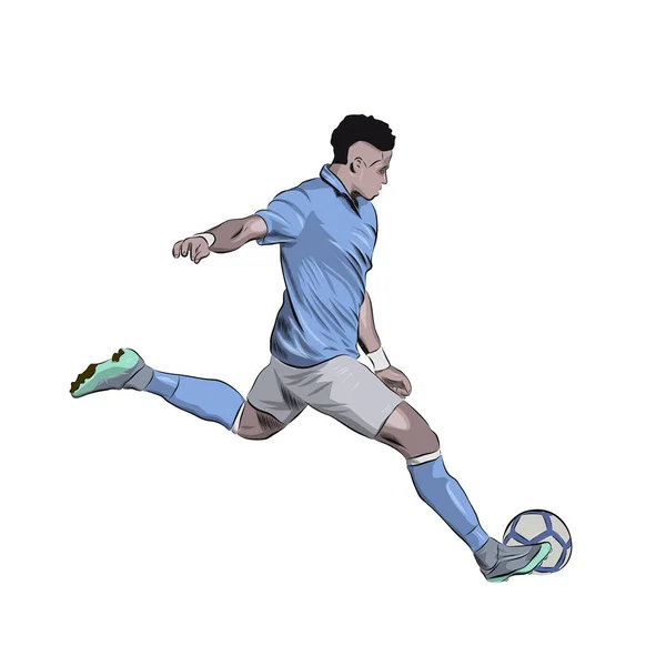 Jugador Fútbol Pateando Pelota Jugador Fútbol Jersey Azul Claro Corriendo — Vector de stock