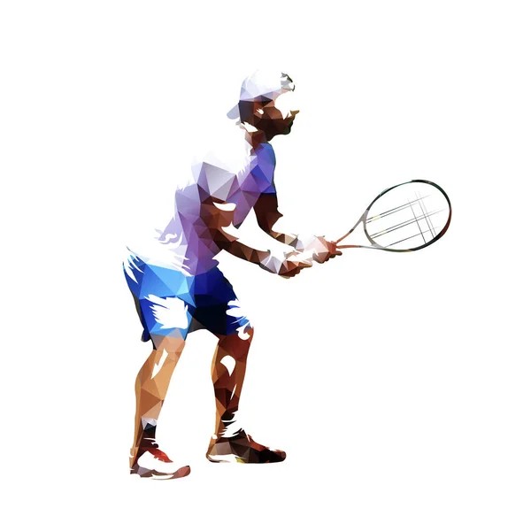 テニス プレーヤー分離ベクトル多角形図 テニス受信 低ポリ幾何学的選手 活動的な人 — ストックベクタ