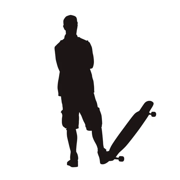 Jeune Homme Avec Skateboard Debout Avec Bras Croisés Silhouette Vectorielle — Image vectorielle