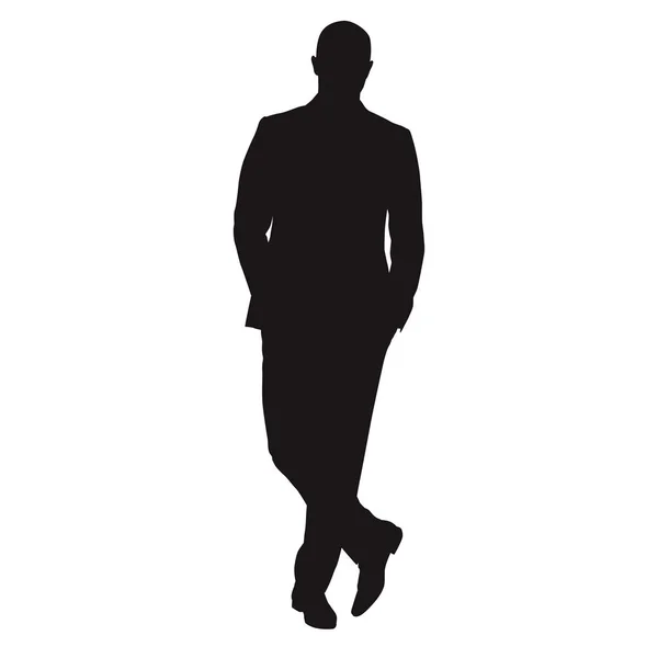 Business Man Standing Crossed Legs Isolated Vector Silhouette People Work — Stock Vector