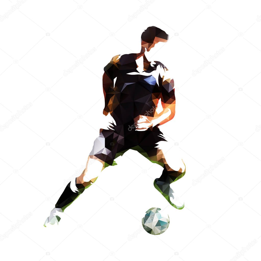 Football player with ball, soccer athlete. Low poly vector illustration. Geometric drawing