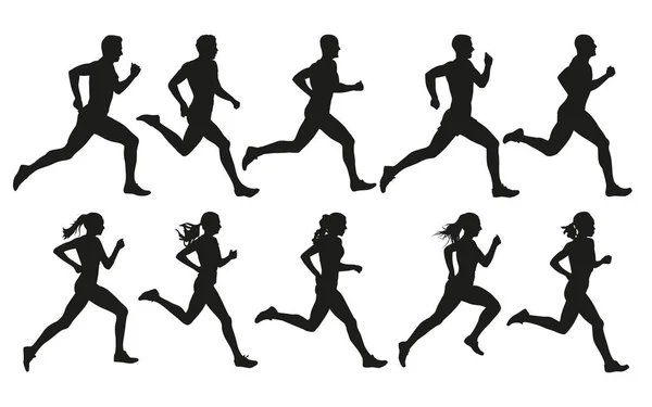 Cours Courir Hommes Femmes Ensemble Vectoriel Silhouettes Isolées — Image vectorielle