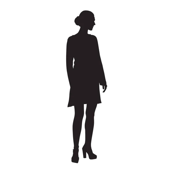 Sexy Frau Kurzen Kleidern Und High Heels Stehen Isolierte Vektorsilhouette — Stockvektor