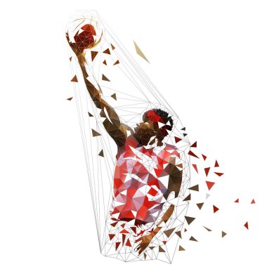 Basketball player shooting ball, low poly vector illustration. Finger roll shot clipart