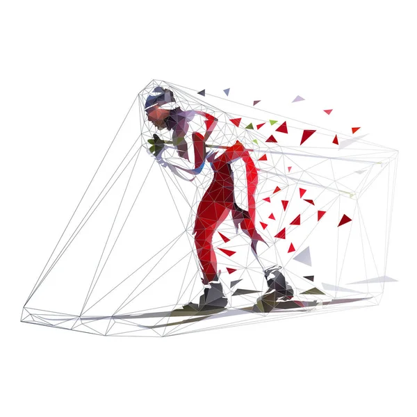越野滑雪者 多边形矢量插图 侧面视图 低聚冬季滑雪 — 图库矢量图片