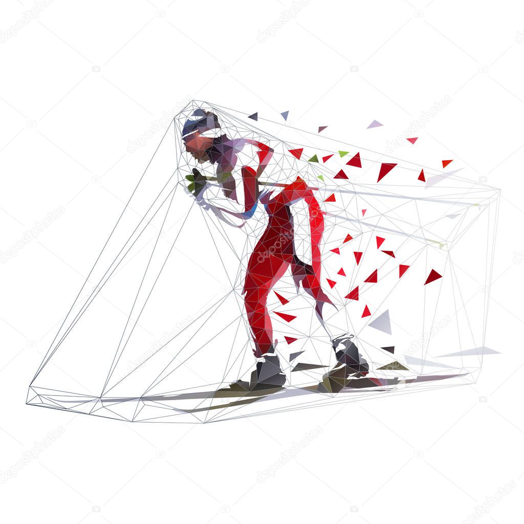 Cross country skier, polygonal vector illustration. Side view. Low poly winter skiing
