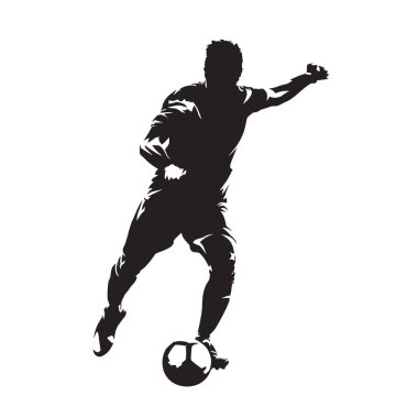Topu, önden görünüm tekmeleme futbolcu. Futbolcu izole vektör siluet