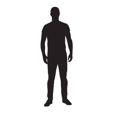 T-shirt ve jeans, izole vektör siluet duran adam. Önden görünüm