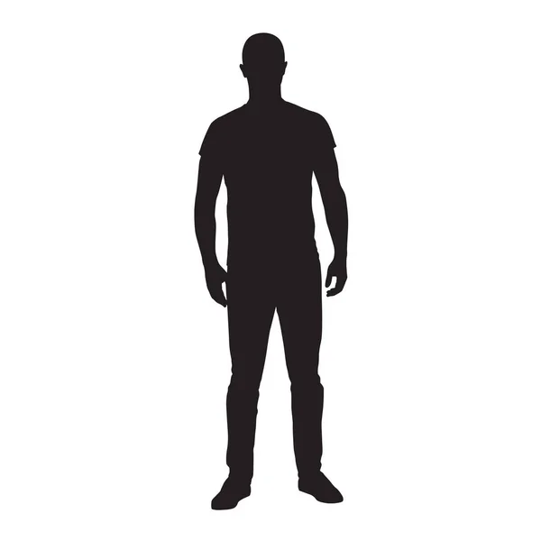 Mężczyzna Stojący Shirt Dżinsy Sylwetka Wektor Białym Tle Widok Przodu — Wektor stockowy