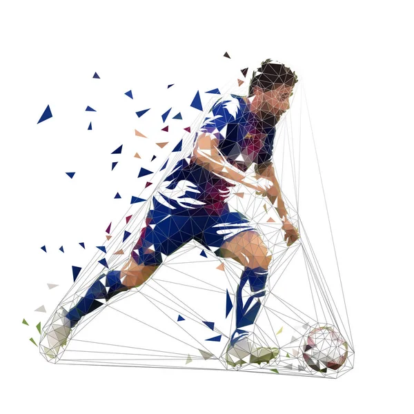 Jugador de fútbol en jersey azul oscuro corriendo con pelota, abstracto — Vector de stock