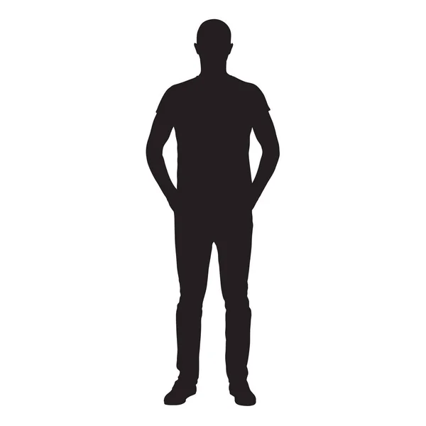 Άνδρας Ντυμένος Τζιν Και Πουκάμισο Στέκεται Χέρια Στις Τσέπες Πρόσοψη — Διανυσματικό Αρχείο