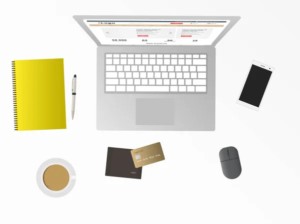 Online Shopping Schreibtisch Mit Laptop Kreditkarte Handy Notizblock Kaffee Und — Stockvektor