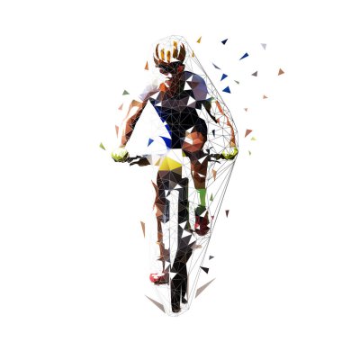 Bisiklete binme, dağ düşük poligon mtb motorcu, geometrik vektör illüstrasyon izole. Önden görünüm