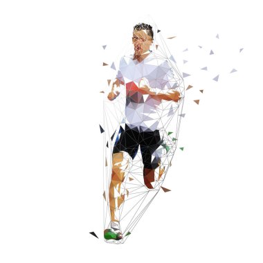 Runner, düşük poligon vektör çizim. Geometrik sprinter, önden görünüm. Yetişkin çalışan adam