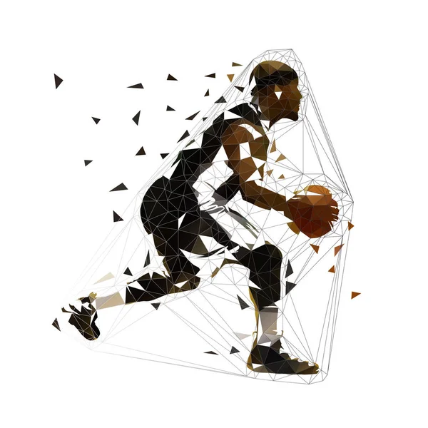 Баскетболист Бегает Мячом Низкой Полигональной Векторной Иллюстрацией Геометрический Командный Спорт — стоковый вектор