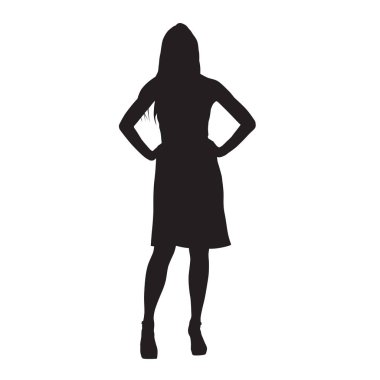 Yazlık elbiseler ve yüksek topuklu kalçalarına izole vektör siluet ellerde ile ayakta uzun bacaklar ile ince seksi kadın giyinmiş