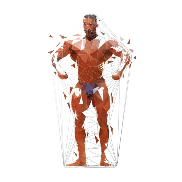 Bodybuilder Posa Bassa Illustrazione Vettoriale Isolata Poligonale Vista Frontale Uomo — Vettoriale Stock