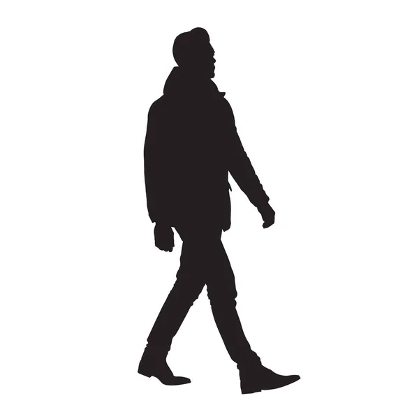 Business Man Walking Forward Winter Clothing Isolated Vector Silhouette — Stock Vector