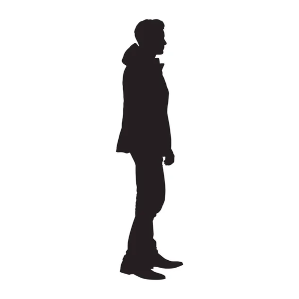 Standing Man Winter Jacket Isolated Vector Silhouette Side View — Stock Vector