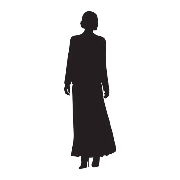 Femme Debout Jupe Longue Chaussures Talons Hauts Silhouette Vectorielle Isolée — Image vectorielle