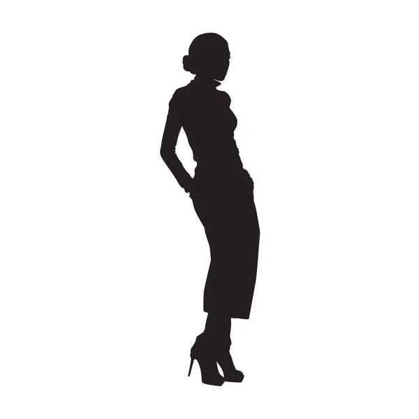 Kobieta Moda Stałego Pozowanie Modelki Spodnie Rękami Kieszeniach Sylwetka Wektor — Wektor stockowy