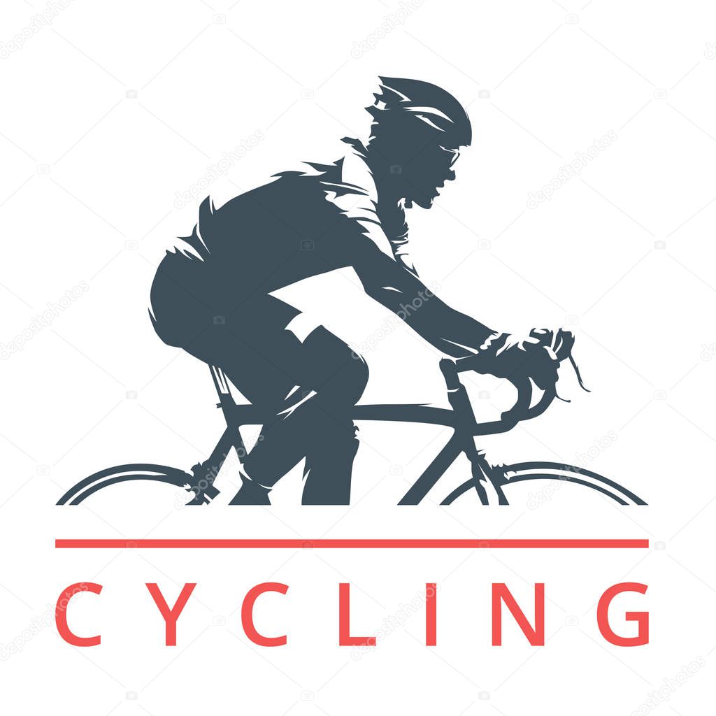 Cycling logo, cyclist on road bike, side view, isolated vector silhouette. Individual outdoor sport