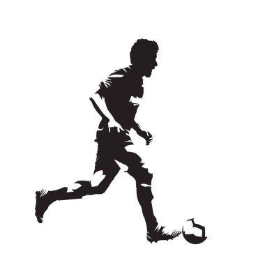 Topla, izole vektör siluet çalıştıran futbolcu. Mürekkep çizim futbolcusu, yan görünüm