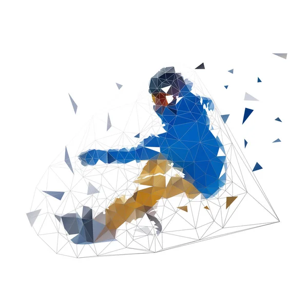 Snowboarding Ciclista Snowboard Poligonal Baixo Casaco Azul Ilustração Geométrica Vetorial — Vetor de Stock