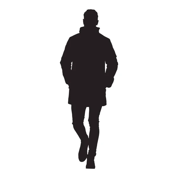 Veste Manteau Hiver Homme Marchant Vers Avant Silhouette Vectorielle Isolée — Image vectorielle