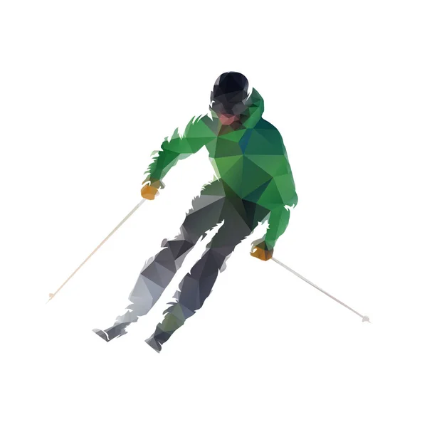 Skiing Low Polygonal Downhill Skier Green Jacket Front View Winter — Stock Vector