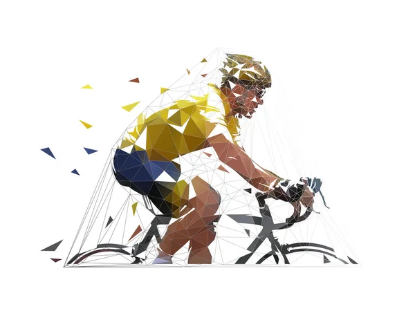 Велоспорт, низкополигональный дорожный велогонщик в желтой майке, вид сбоку . — стоковый вектор