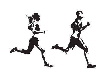 Çalışan adam ve kadın, mürekkep çizimleri, izole vector silhouettes. Çalışma, yan görünüm