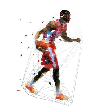 Kırmızı mayoyu topu ile düşük poligon vektör çizim çalıştıran basketbolcu. Afro-Amerikan atlet