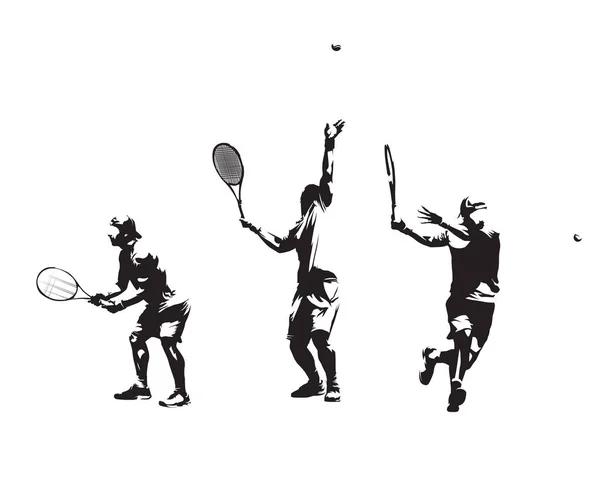 Ομάδα Τένις Παίκτες Σετ Σιλουέτες Vector Απομονωμένη Μελάνι Σχέδια — Διανυσματικό Αρχείο
