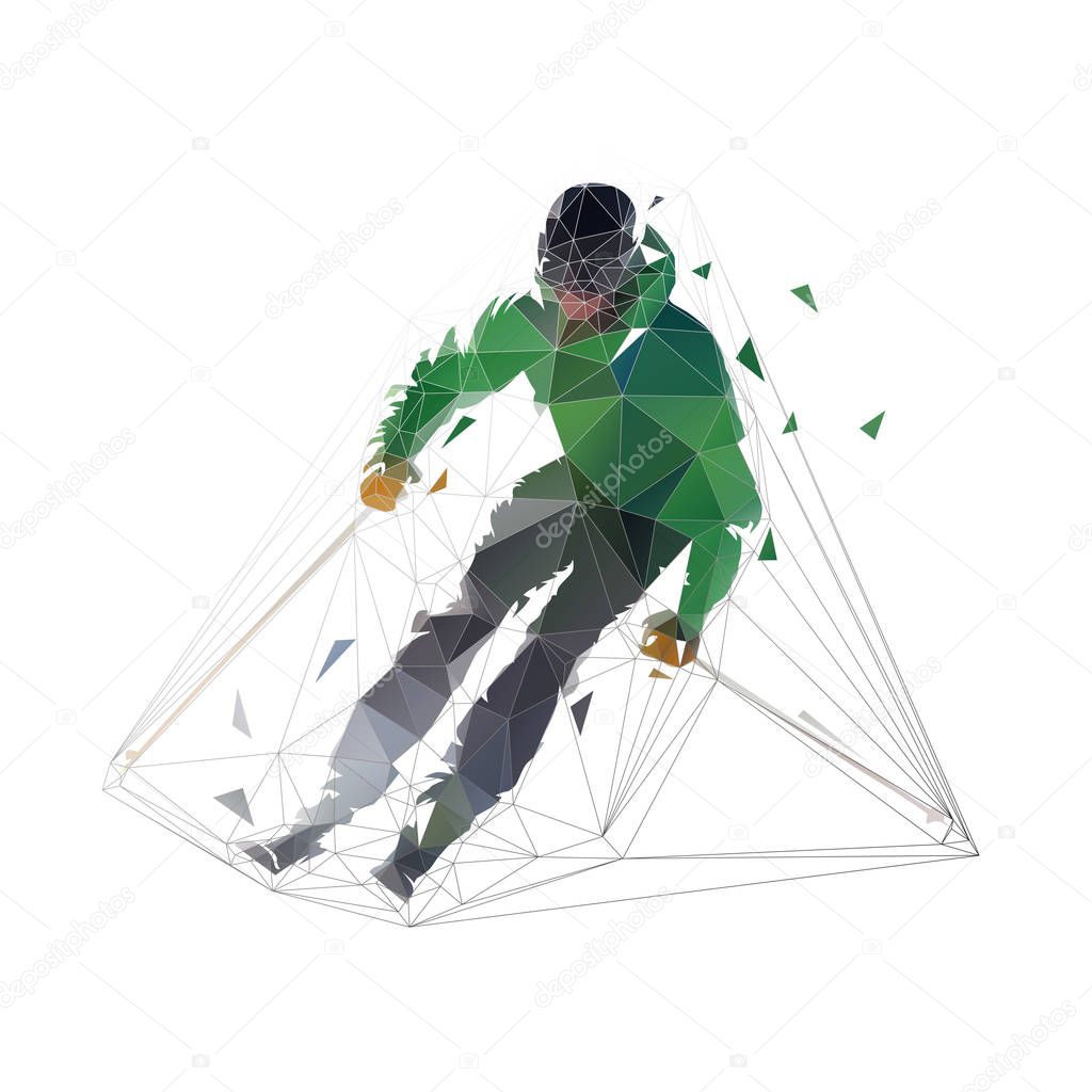 Downhill skier in green jacket, isolated low polygonal vector illuststration