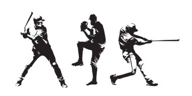 Set of baseball players vector silhouettes. Group of baseballer, isolated ink drawings clipart