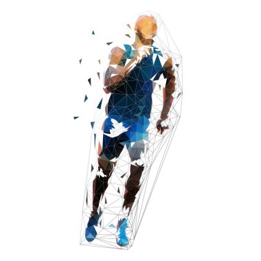 Çalıştırın. Adam Sprint, poligonal geometrik şekil düşük. Çalışan adam, önden görünüm vektör