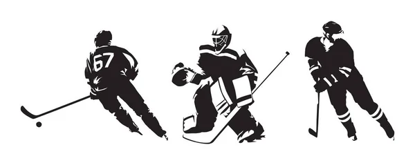 Hockeyspelers Groep Van Geïsoleerde Vector Silhouetten Ijshockey Tekeningen Inkt — Stockvector