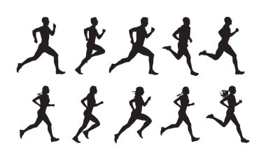 Koş, çalışan kişi, izole vector silhouettes ayarla. Kadın ve erkek koşucu grubu