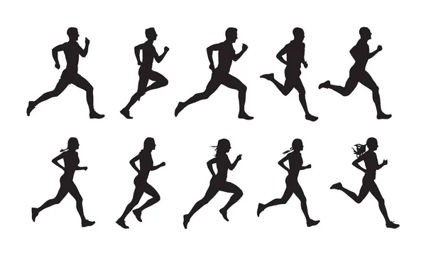 Run Set Running People Isolated Vector Silhouettes Group Men Women — Stock Vector