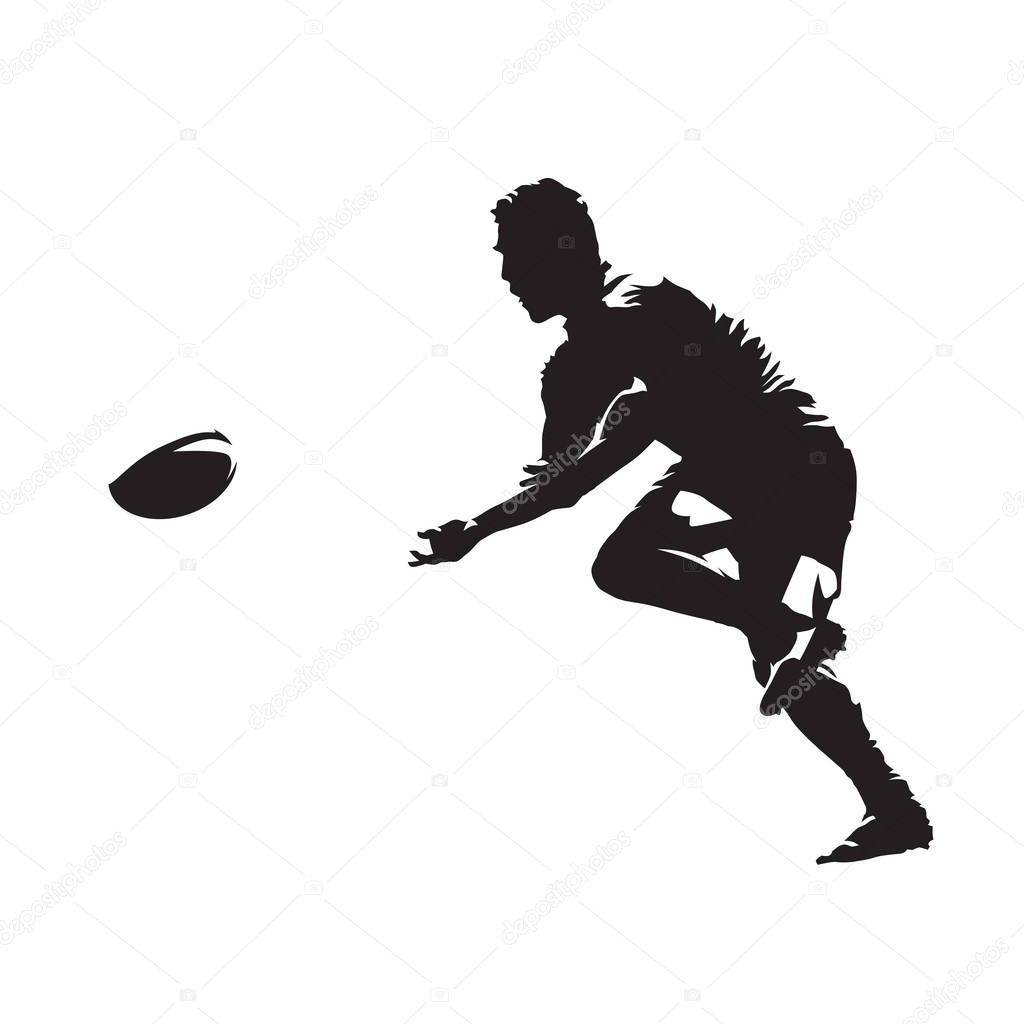 Rugby player passing ball, isolated vector silhouette, side view. Team sport
